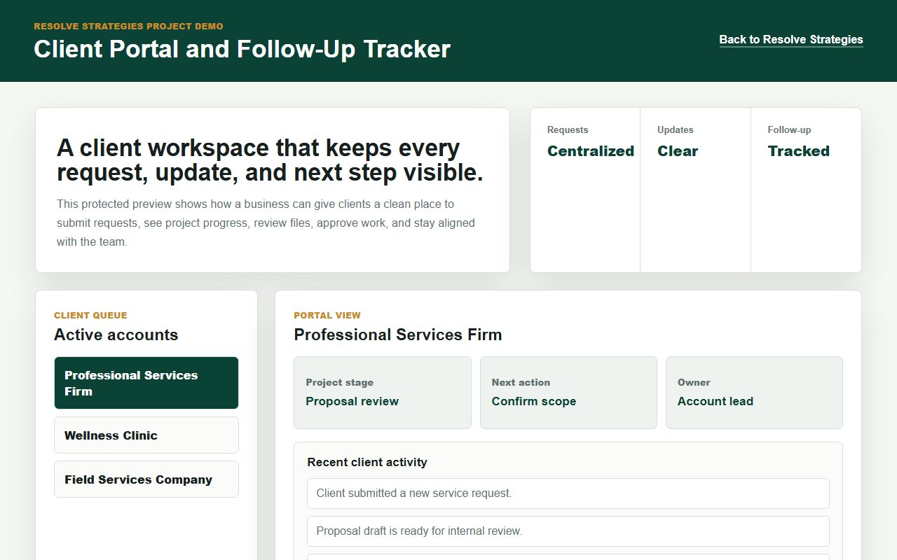Client Portal & Follow-Up Tracker screen